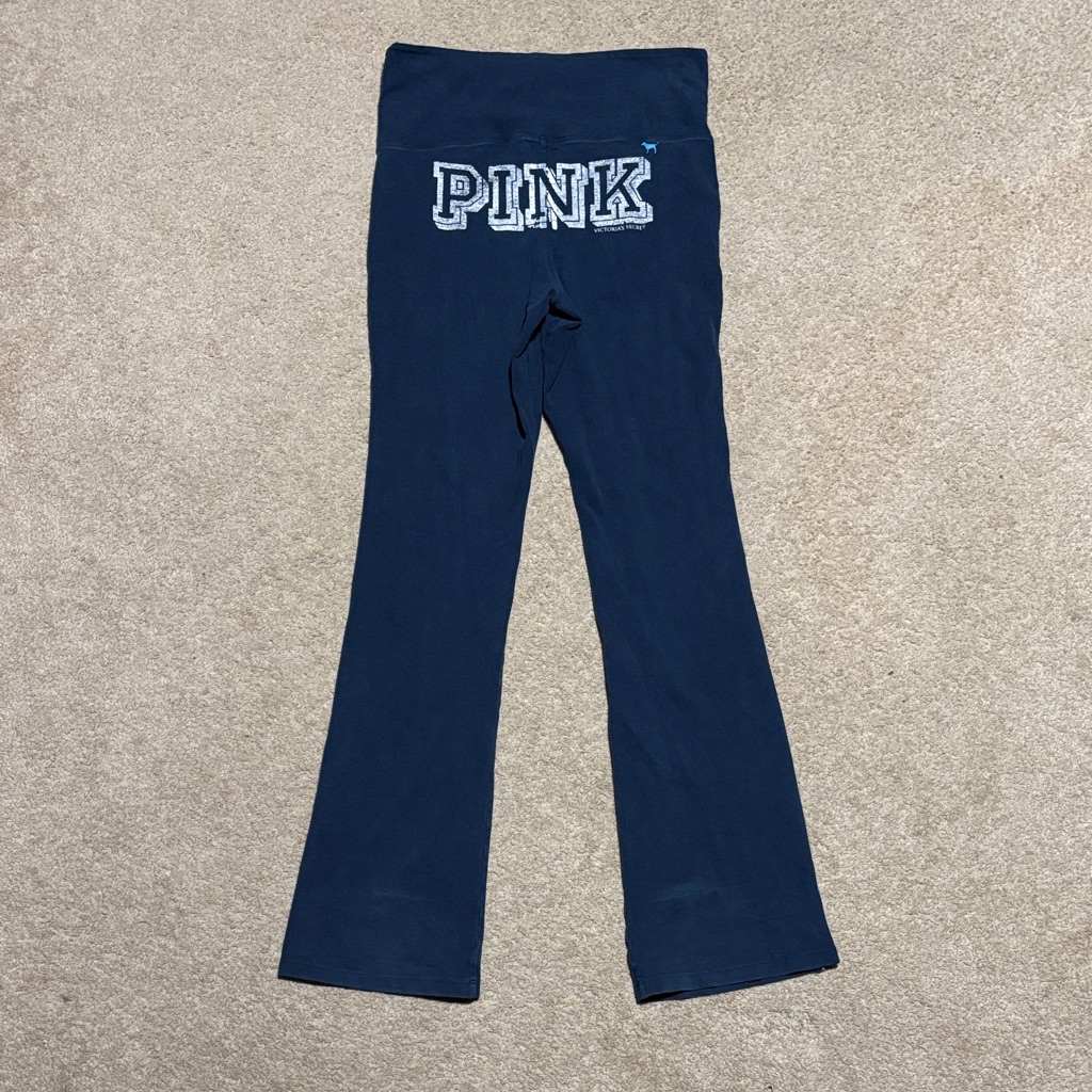 Pink Navy Flair Leggings With White Stripes And Lettering On Butt